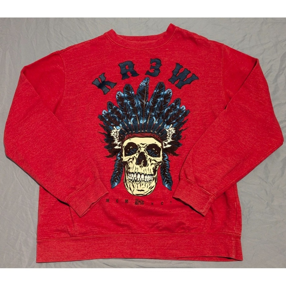 KR3W Skull Y2K Feather Sweatshirt Red Crewneck Streetwear Grunge Unisex Skater L